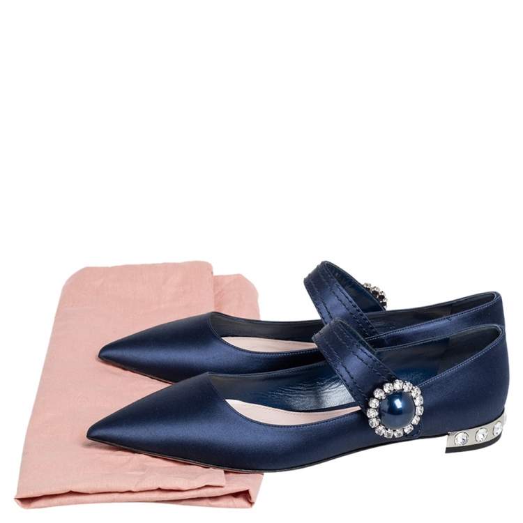 Pre Owned Miu Miu Navy Blue Satin Mary Jane Embellished Pointed Toe Ballet Flats Size 40