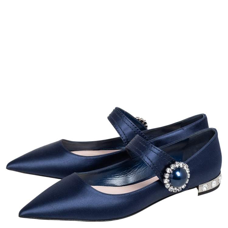 Pre Owned Miu Miu Navy Blue Satin Mary Jane Embellished Pointed Toe Ballet Flats Size 40
