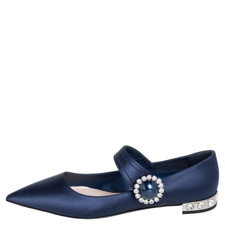 Pre Owned Miu Miu Navy Blue Satin Mary Jane Embellished Pointed Toe Ballet Flats Size 40