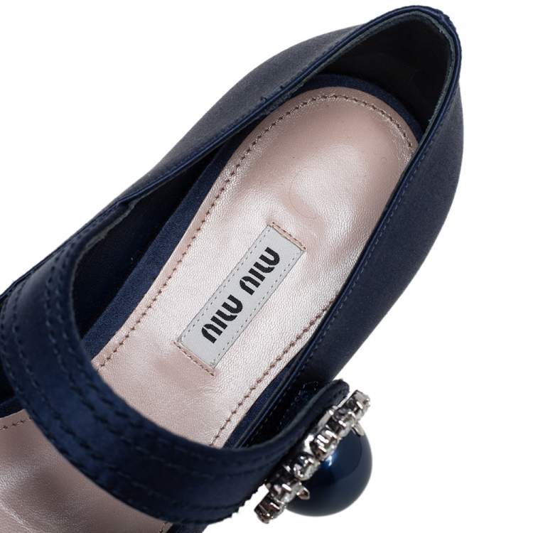 Pre Owned Miu Miu Navy Blue Satin Mary Jane Embellished Pointed Toe Ballet Flats Size 40