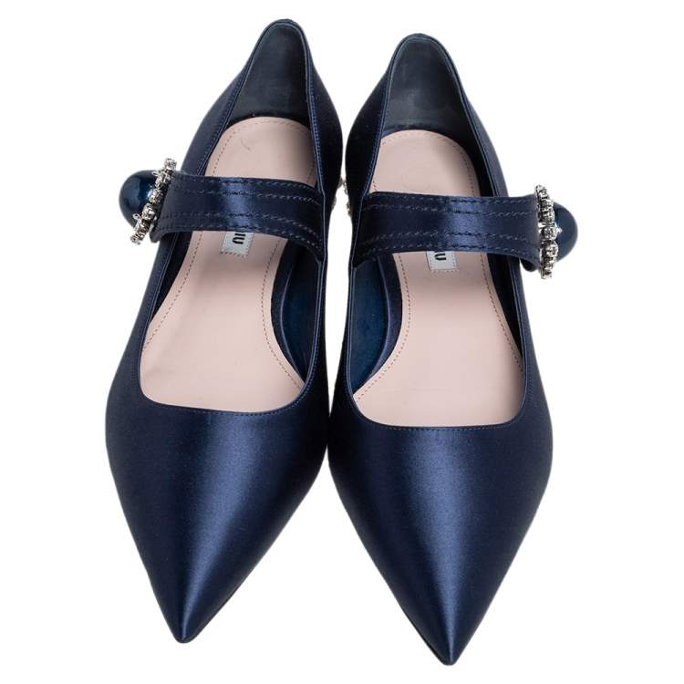 Pre Owned Miu Miu Navy Blue Satin Mary Jane Embellished Pointed Toe Ballet Flats Size 40