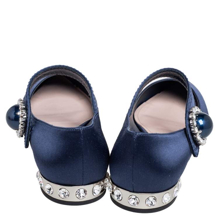 Pre Owned Miu Miu Navy Blue Satin Mary Jane Embellished Pointed Toe Ballet Flats Size 40