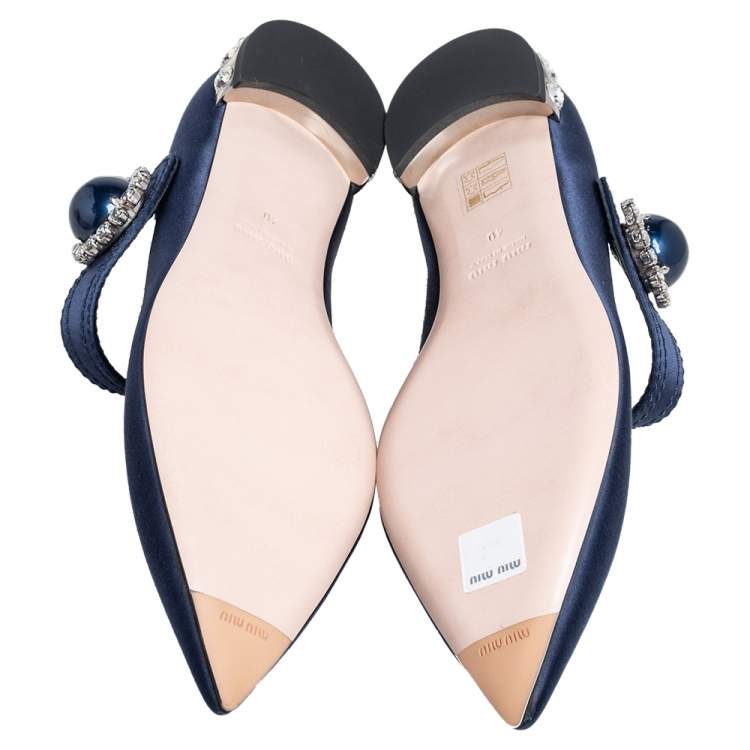Pre Owned Miu Miu Navy Blue Satin Mary Jane Embellished Pointed Toe Ballet Flats Size 40