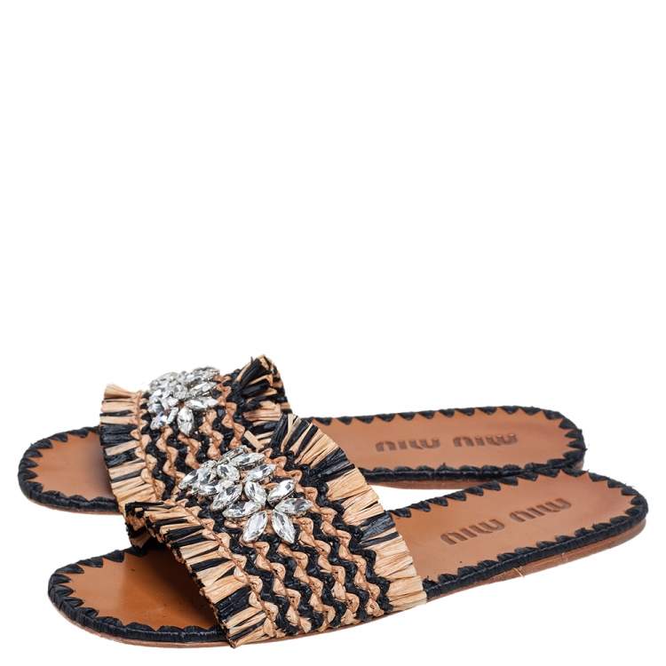 Pre Owned Miu Miu Beige/Black Woven Raffia Crystal Embellished Flat Slides Size 39
