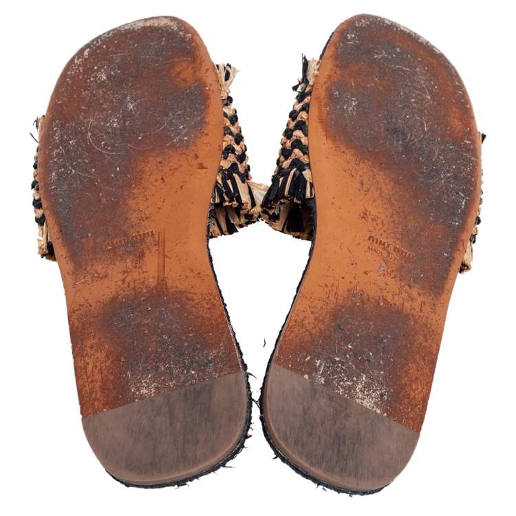 Pre Owned Miu Miu Beige/Black Woven Raffia Crystal Embellished Flat Slides Size 39