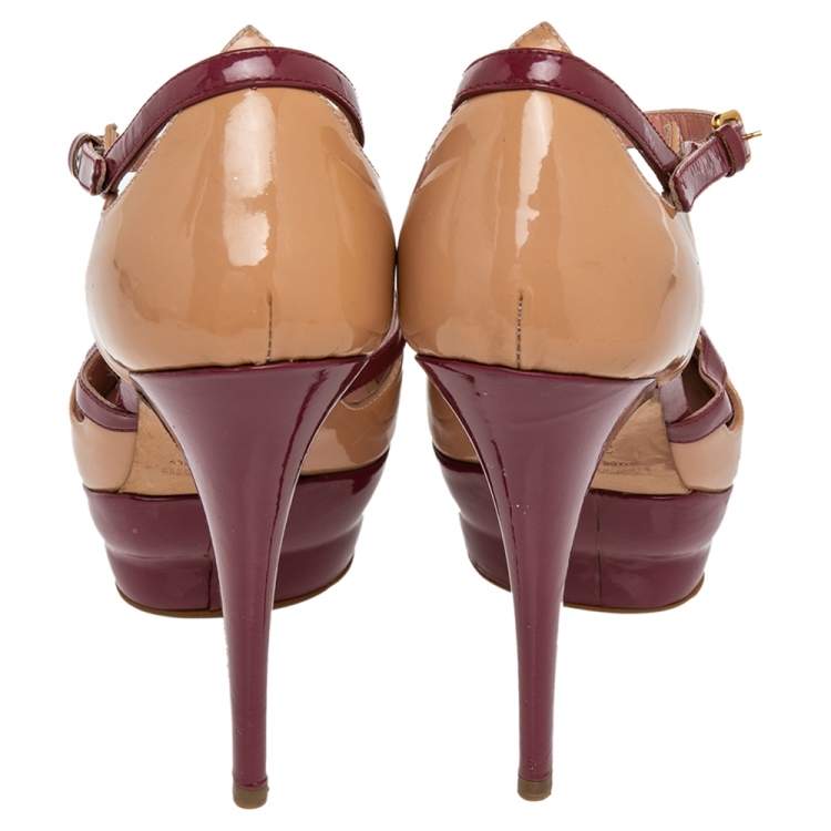 Pre Owned Miu Miu Beige /Pink Patent Leather Peep Toe Ankle Strap Sandals Size 38.5