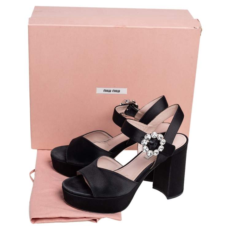 Pre Owned Miu Miu Black Satin Crystal Embellished Buckle Platform Ankle Strap Sandals Size 36