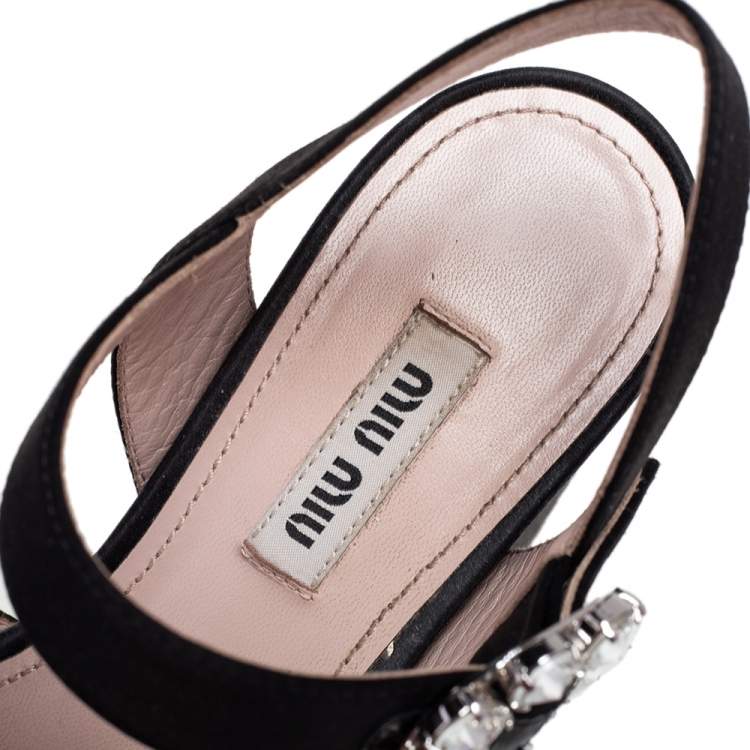Pre Owned Miu Miu Black Satin Crystal Embellished Buckle Platform Ankle Strap Sandals Size 36