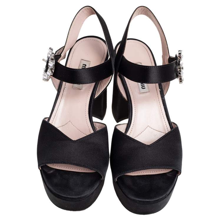 Pre Owned Miu Miu Black Satin Crystal Embellished Buckle Platform Ankle Strap Sandals Size 36