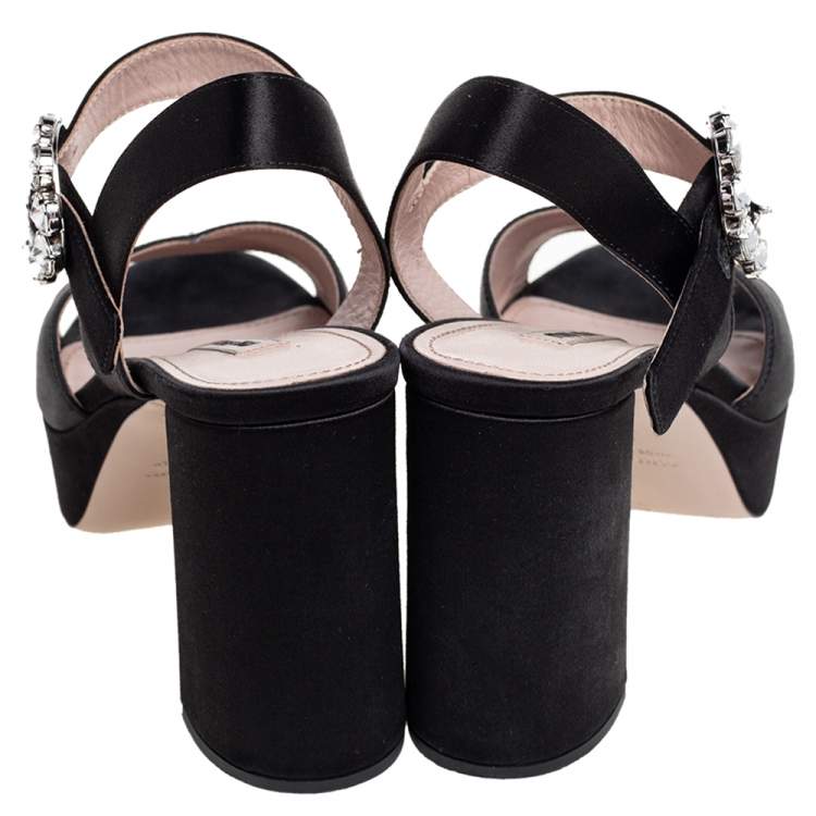 Pre Owned Miu Miu Black Satin Crystal Embellished Buckle Platform Ankle Strap Sandals Size 36