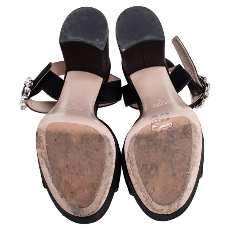 Pre Owned Miu Miu Black Satin Crystal Embellished Buckle Platform Ankle Strap Sandals Size 36