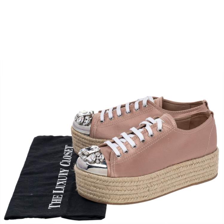 Pre Owned Miu Miu Pink Satin Crystal Embellished Metal Cap Toe Espadrille Platform Sneakers Size 37