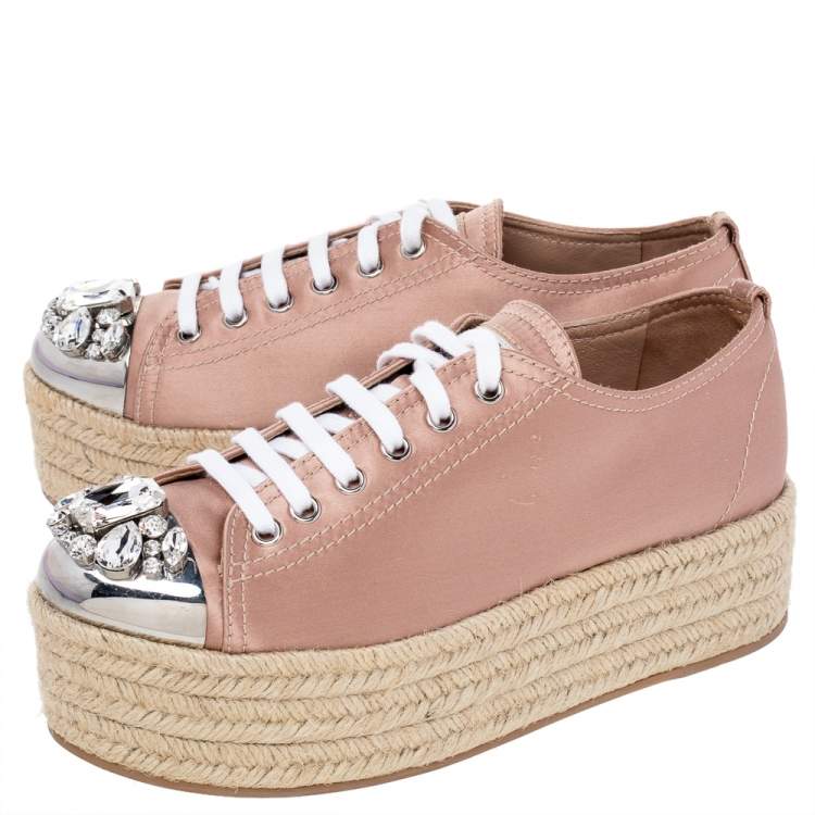 Pre Owned Miu Miu Pink Satin Crystal Embellished Metal Cap Toe Espadrille Platform Sneakers Size 37