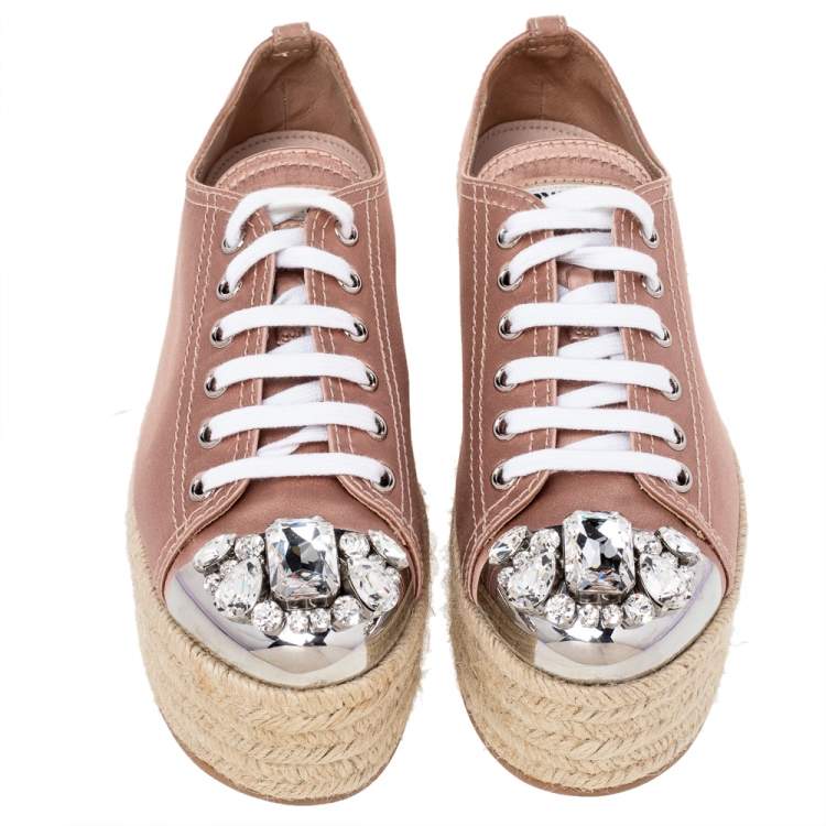 Pre Owned Miu Miu Pink Satin Crystal Embellished Metal Cap Toe Espadrille Platform Sneakers Size 37