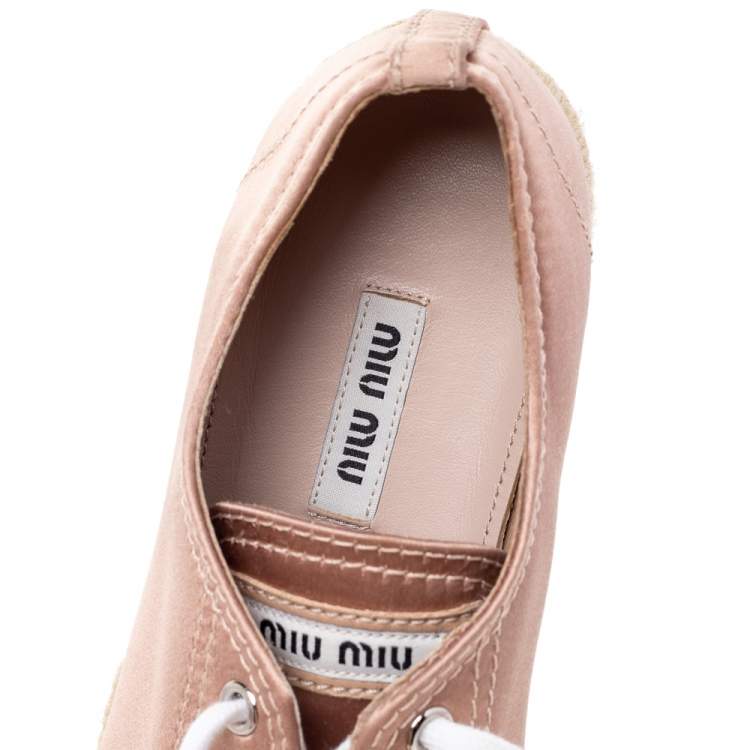 Pre Owned Miu Miu Pink Satin Crystal Embellished Metal Cap Toe Espadrille Platform Sneakers Size 37