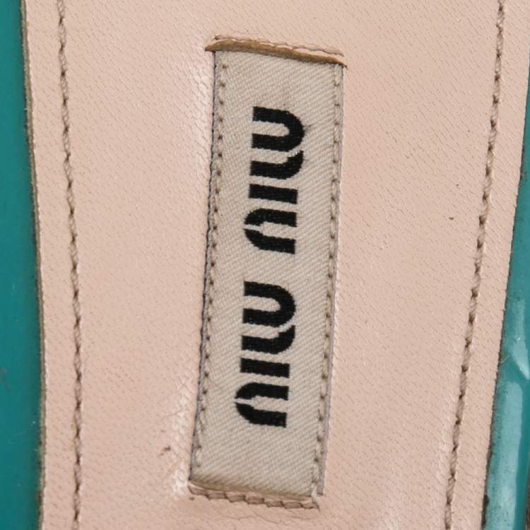 Pre Owned Miu Miu Blue Patent Leather Bow Crystal Embellished Heel Flat Slides Size 39