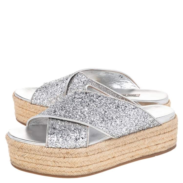 Pre Owned Miu Miu Silver Glitter Fabric And Foil Leather Platform Espadrille Sandals Size 39