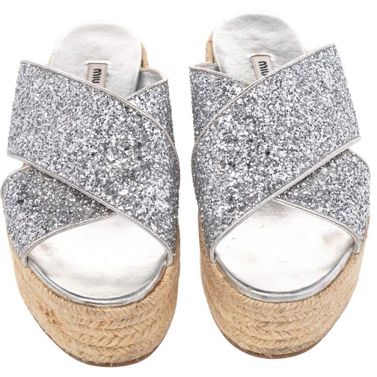 Pre Owned Miu Miu Silver Glitter Fabric And Foil Leather Platform Espadrille Sandals Size 39