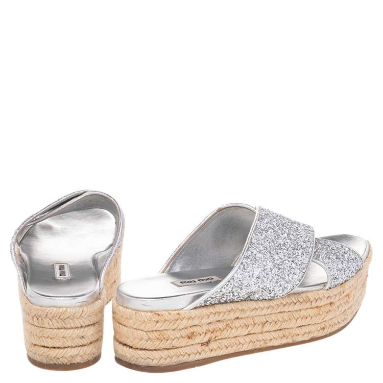 Pre Owned Miu Miu Silver Glitter Fabric And Foil Leather Platform Espadrille Sandals Size 39