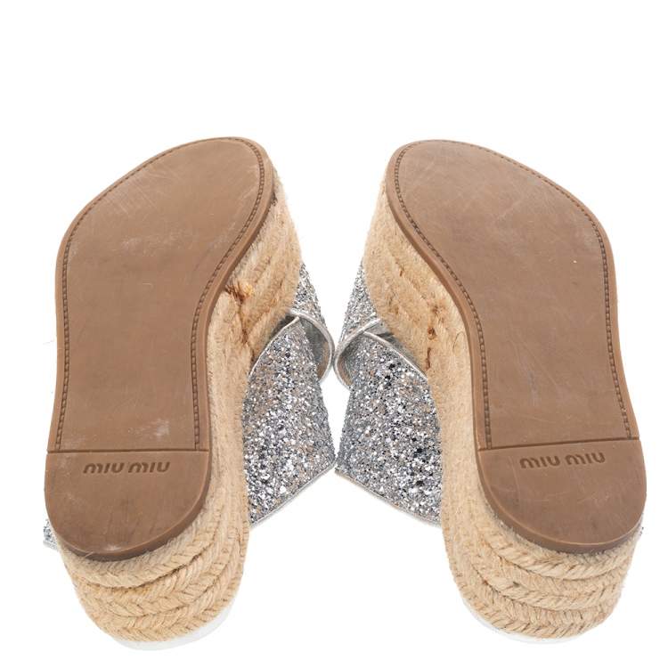 Pre Owned Miu Miu Silver Glitter Fabric And Foil Leather Platform Espadrille Sandals Size 39