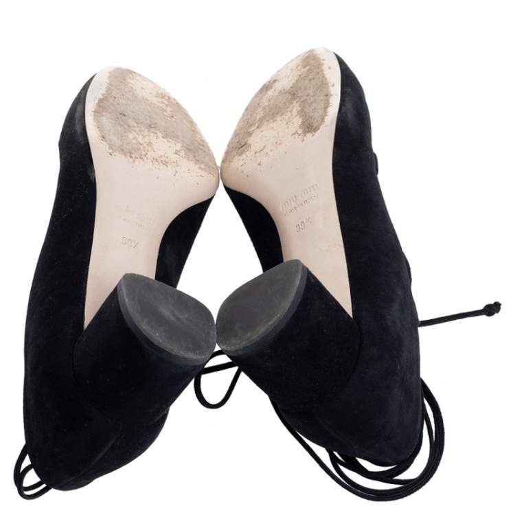 مملوكة مسبقًا Miu Miu Black Suede Block Heel Ankle Wrap Pumps Size 39.