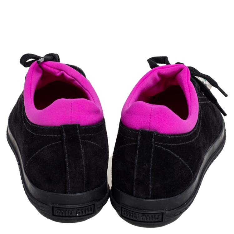 Pre Owned Miu Miu Black/Magenta Suede and Neoprene Crystal Embellished Low Top Sneakers Size 37
