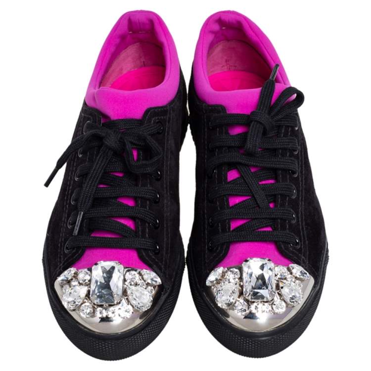 Pre Owned Miu Miu Black/Magenta Suede and Neoprene Crystal Embellished Low Top Sneakers Size 37