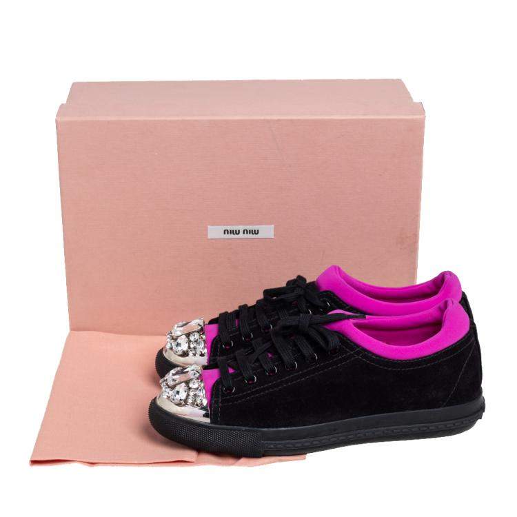 Pre Owned Miu Miu Black/Magenta Suede and Neoprene Crystal Embellished Low Top Sneakers Size 37