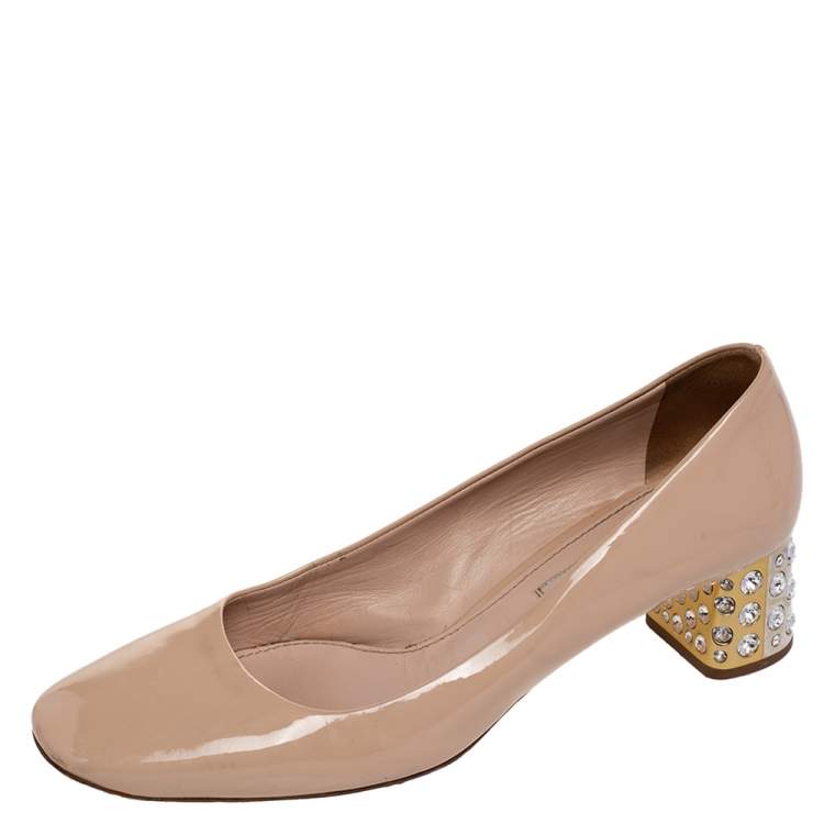 Pre Owned Miu Miu Beige Patent Leather Crystal Embellished Block Heel Pumps Size 39