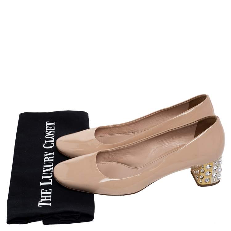 Pre Owned Miu Miu Beige Patent Leather Crystal Embellished Block Heel Pumps Size 39