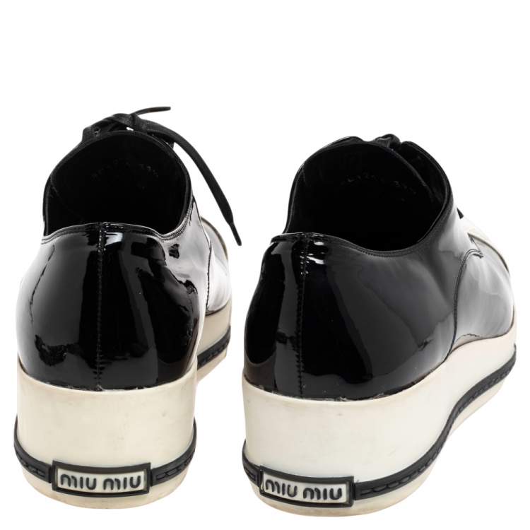 Pre Owned Miu Miu Black/White Patent Leather Cap Toe Sneakers Size 39.5