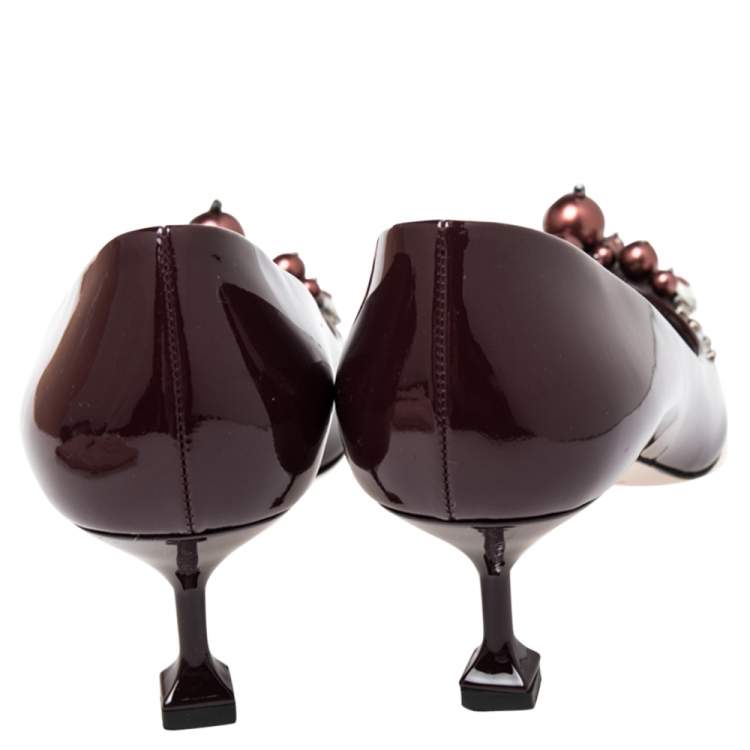 Pre Owned Miu Miu Burgundy Patent Leather Crystal and Pearl Embellished Pointed Toe Pumps Size 37.5