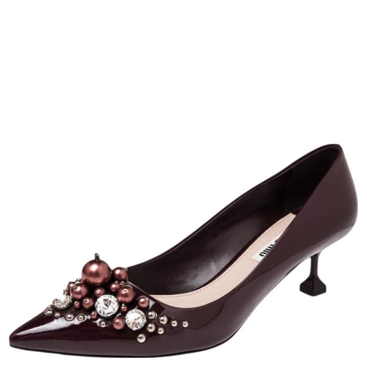Pre Owned Miu Miu Burgundy Patent Leather Crystal and Pearl Embellished Pointed Toe Pumps Size 37.5