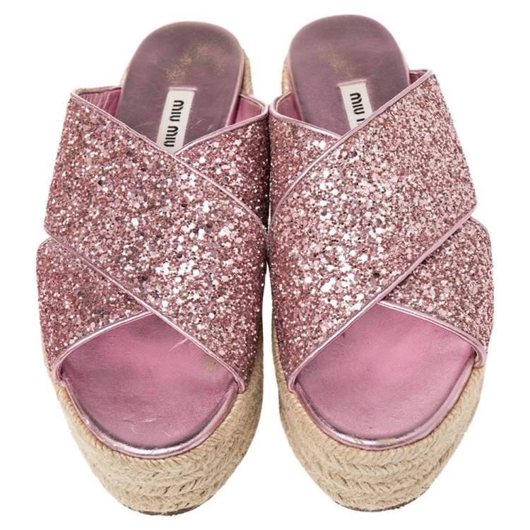 Pre Owned  Miu Miu Pink Glitter Cross Strap Platform Espadrille Sandals Size 37.5