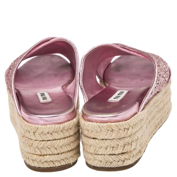 Pre Owned  Miu Miu Pink Glitter Cross Strap Platform Espadrille Sandals Size 37.5