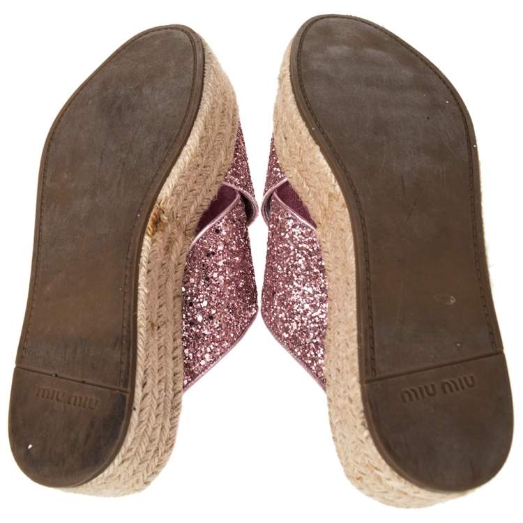Pre Owned  Miu Miu Pink Glitter Cross Strap Platform Espadrille Sandals Size 37.5