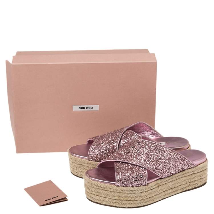 Pre Owned  Miu Miu Pink Glitter Cross Strap Platform Espadrille Sandals Size 37.5