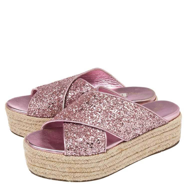 Pre Owned  Miu Miu Pink Glitter Cross Strap Platform Espadrille Sandals Size 37.5