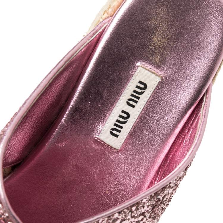 Pre Owned  Miu Miu Pink Glitter Cross Strap Platform Espadrille Sandals Size 37.5