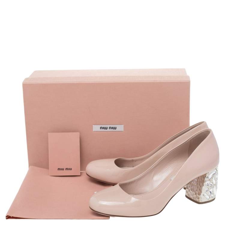 Pre Owned Miu Miu Beige Patent Leather Crystal Embellished Block Heel Pumps Size 36