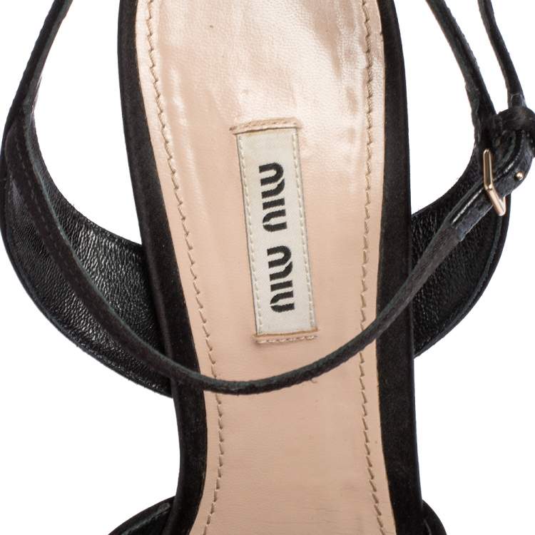 Pre Owned Miu Miu Black Satin Crystal Embellished Block Heel Ankle Strap Platform Sandals Size 41