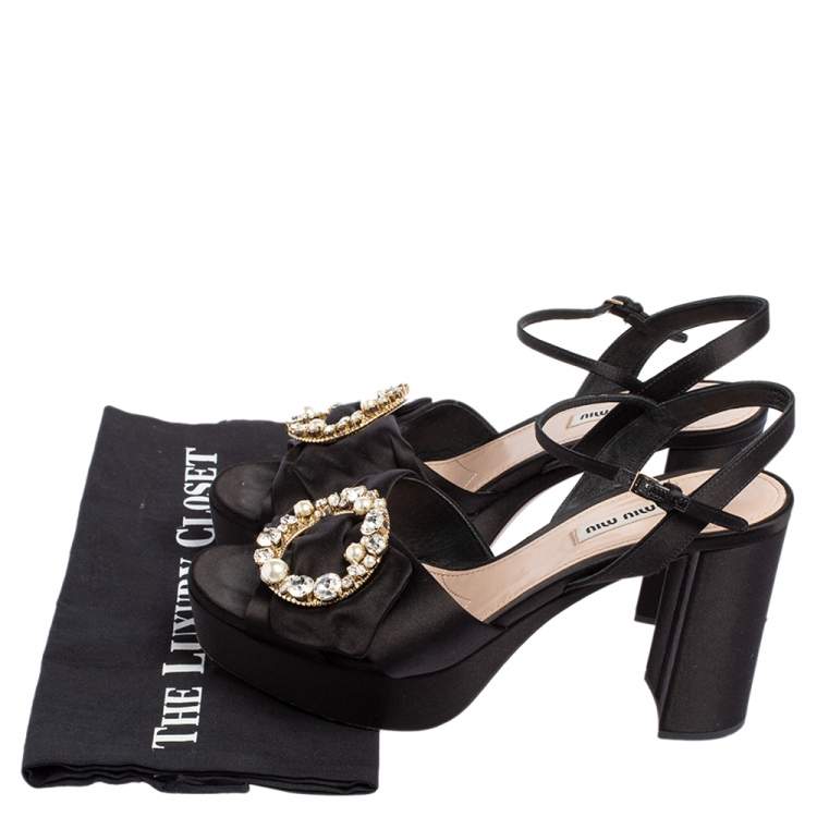 Pre Owned Miu Miu Black Satin Crystal Embellished Block Heel Ankle Strap Platform Sandals Size 41