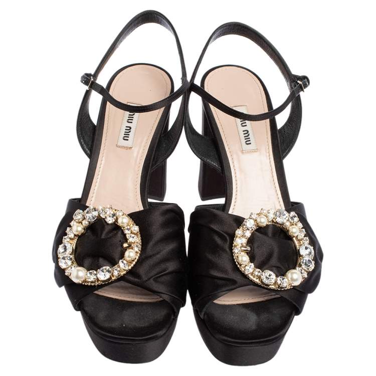 Pre Owned Miu Miu Black Satin Crystal Embellished Block Heel Ankle Strap Platform Sandals Size 41