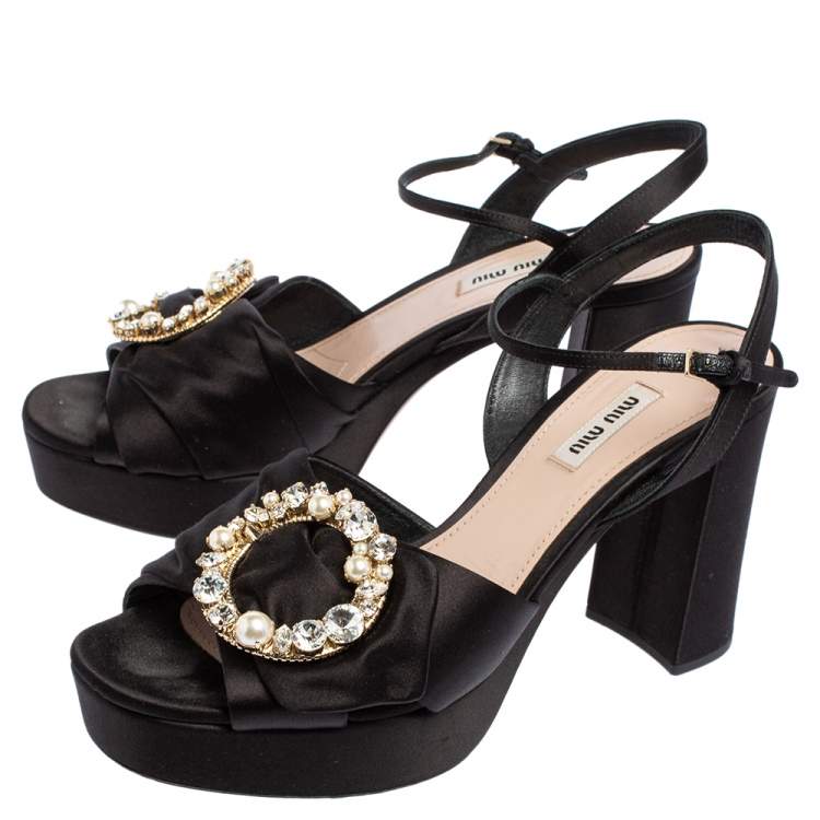 Pre Owned Miu Miu Black Satin Crystal Embellished Block Heel Ankle Strap Platform Sandals Size 41