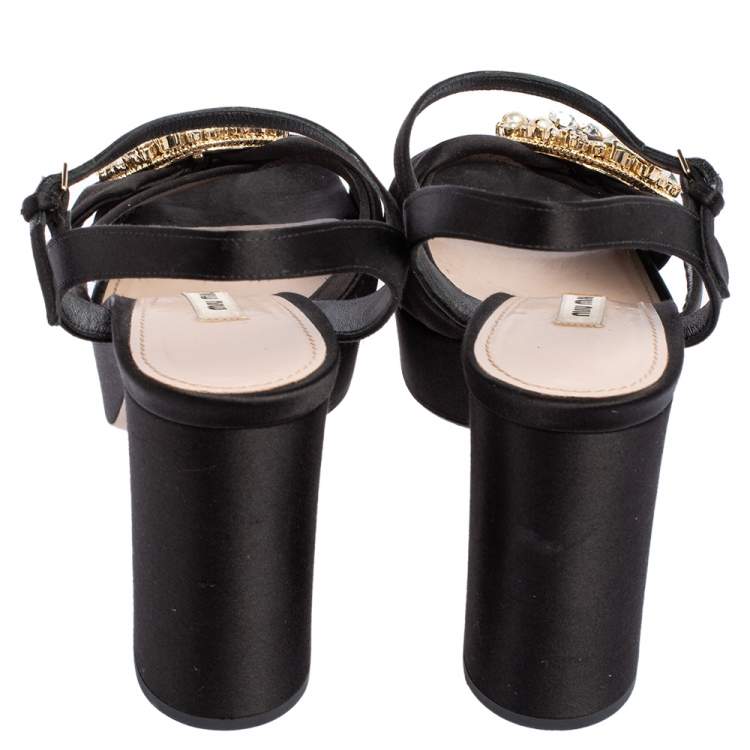 Pre Owned Miu Miu Black Satin Crystal Embellished Block Heel Ankle Strap Platform Sandals Size 41