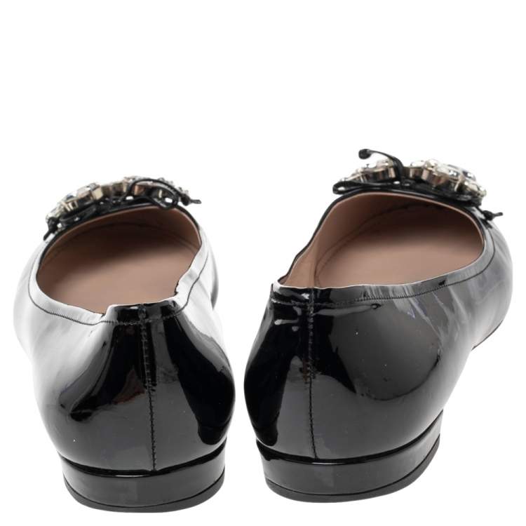 Pre Owned Miu Miu Black Patent Leather Crystal Embellished Bow Ballet Flats Size 36.5