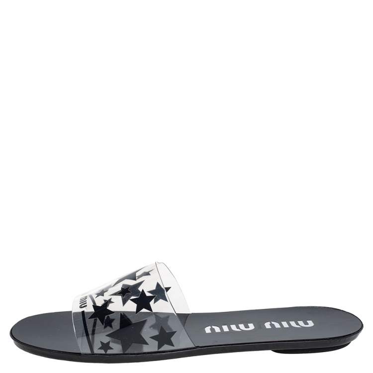 مملوكة مسبقًا Miu Miu Black/Transparent Star Print PVC Flat Slide Sandals Size 36.5