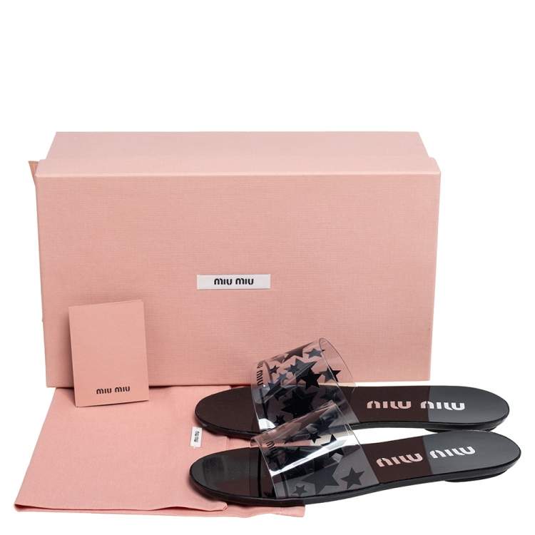 مملوكة مسبقًا Miu Miu Black/Transparent Star Print PVC Flat Slide Sandals Size 36.5