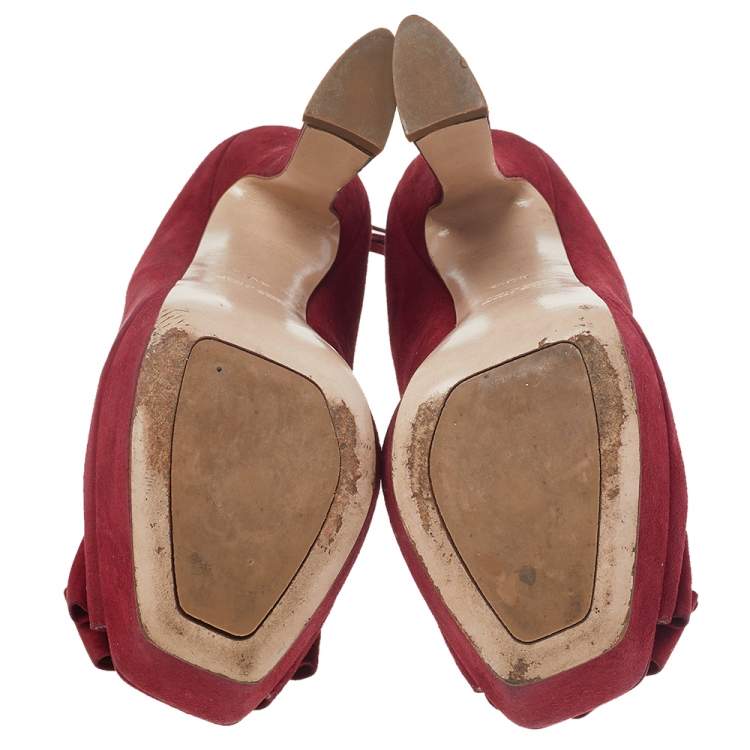 Pre Owned Miu Miu Red Suede Peep Toe Bow Platform Ankle Length Boots Size 40.5
