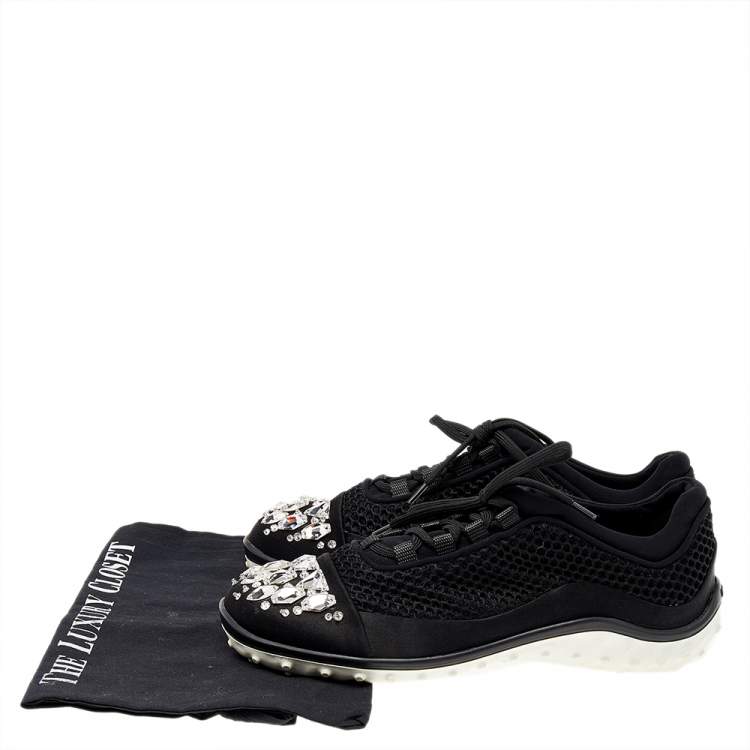 Pre Owned Miu Miu Black Satin And Mesh Crystal Embellished Low Top Sneakers Size 39